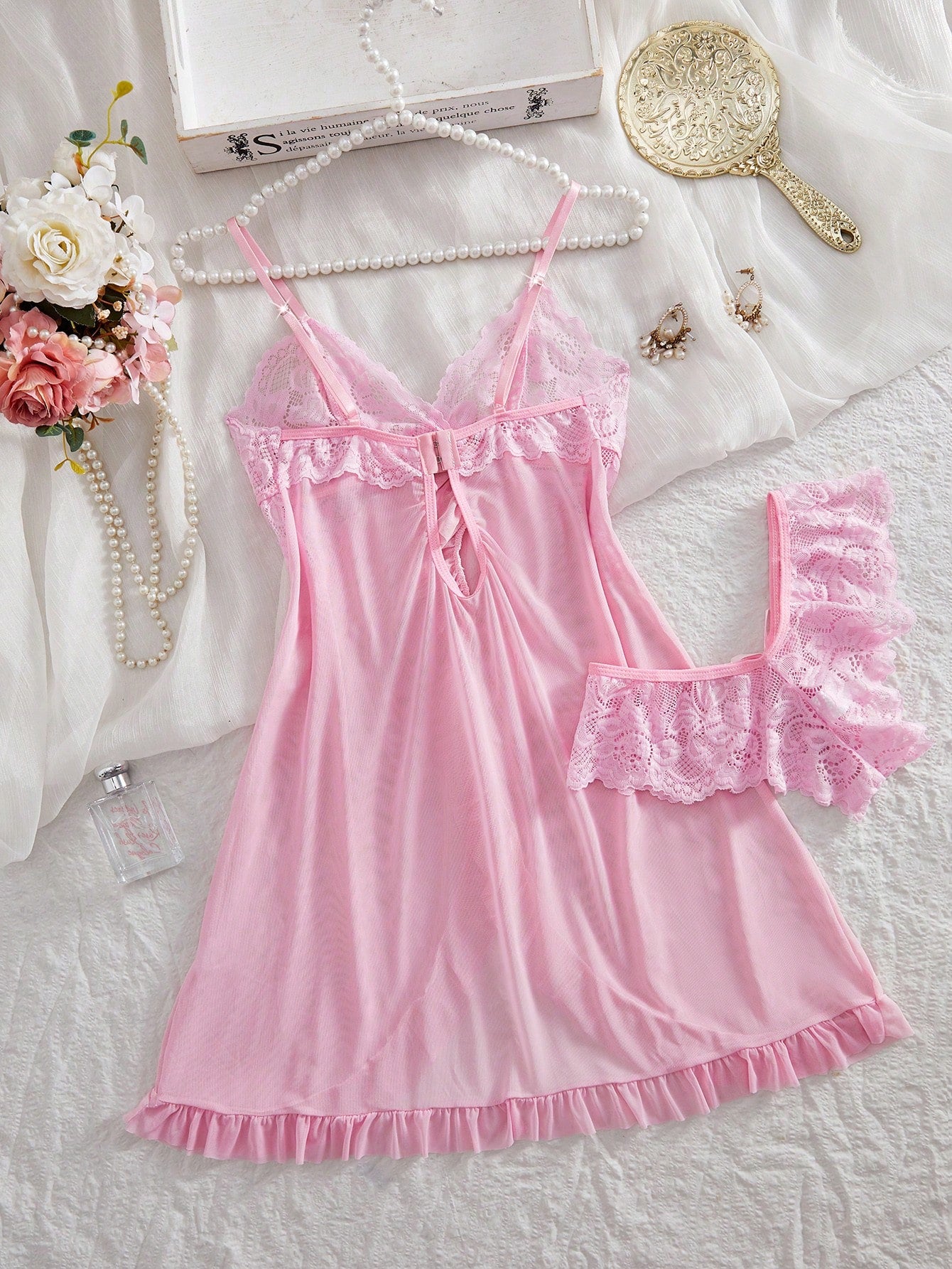 ROMWE Kawaii 2pcs Set Women Sexy Lace Lingerie Sleepwear Set, For Homewear For Going Out