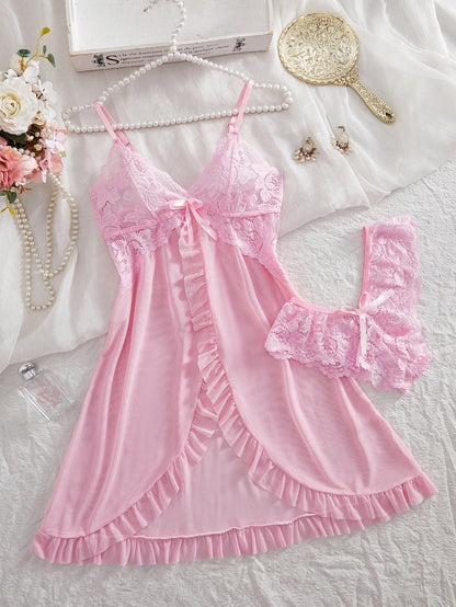 ROMWE Kawaii 2pcs Set Women Sexy Lace Lingerie Sleepwear Set, For Homewear For Going Out