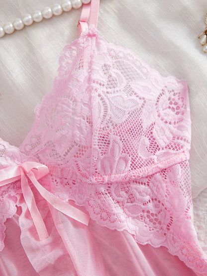 ROMWE Kawaii 2pcs Set Women Sexy Lace Lingerie Sleepwear Set, For Homewear For Going Out