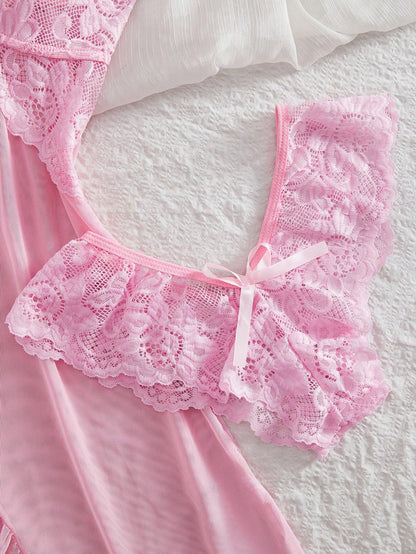 ROMWE Kawaii 2pcs Set Women Sexy Lace Lingerie Sleepwear Set, For Homewear For Going Out