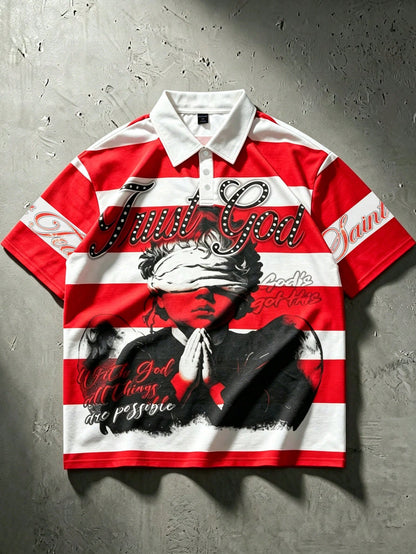 ROMWE MEN Street Life 2026 Men's Casual Short Sleeve Polo Collar T-Shirt College Style Printed Striped Top