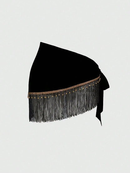 ROMWE Spring/Summer Women's Retro Hippie Western Music Festival Beaded Fringe Hem Drawstring Skirt