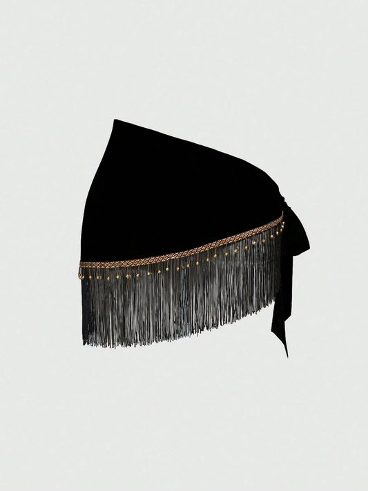 ROMWE Spring/Summer Women's Retro Hippie Western Music Festival Beaded Fringe Hem Drawstring Skirt
