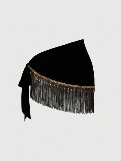ROMWE Spring/Summer Women's Retro Hippie Western Music Festival Beaded Fringe Hem Drawstring Skirt