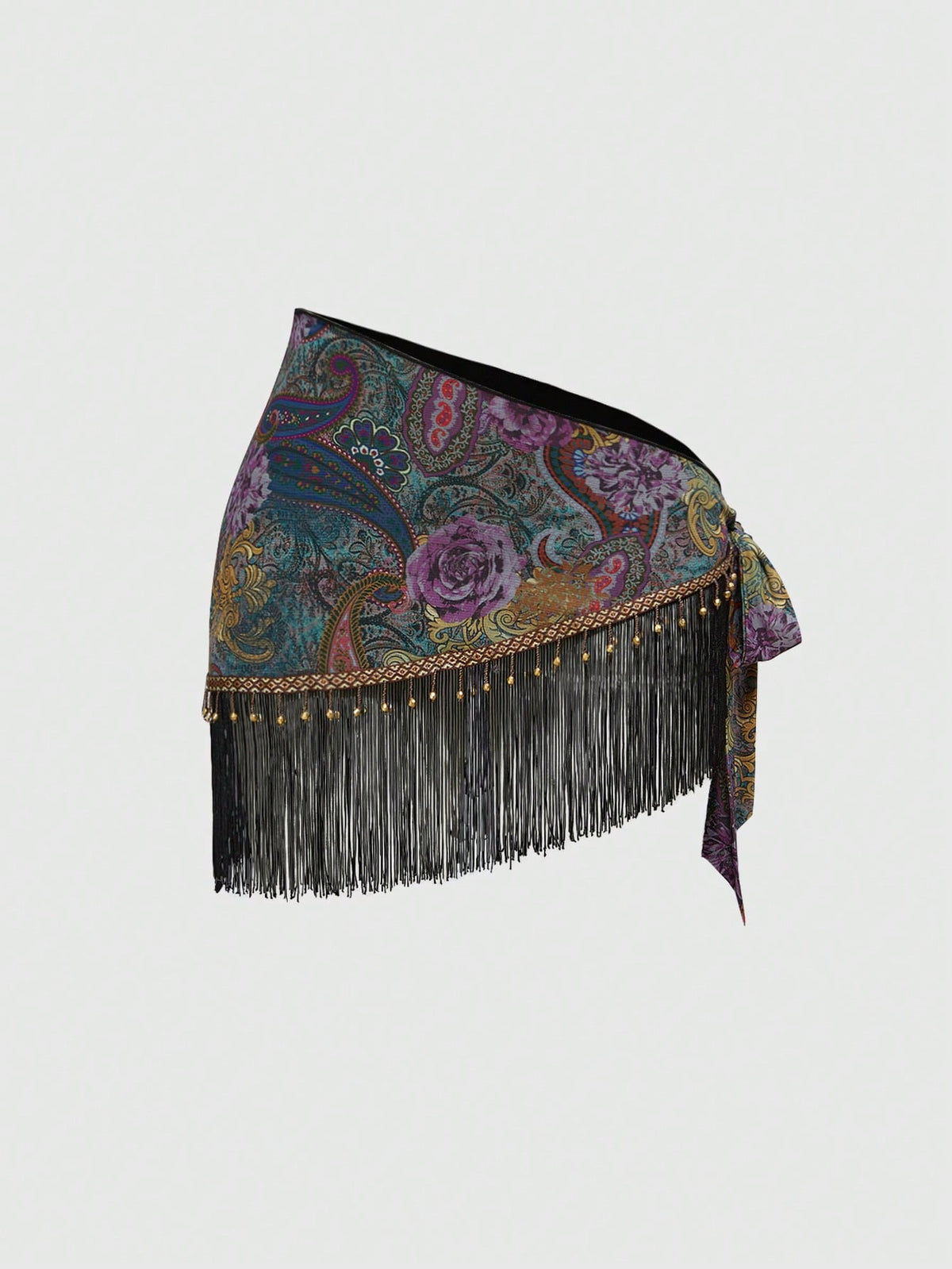ROMWE Spring/Summer Women's Retro Hippie Western Music Festival Beaded Fringe Hem Drawstring Skirt