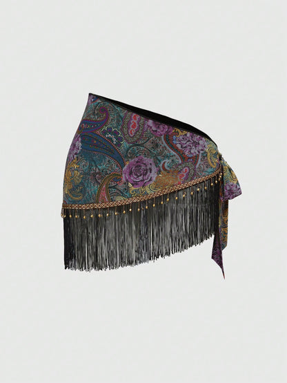 ROMWE Spring/Summer Women's Retro Hippie Western Music Festival Beaded Fringe Hem Drawstring Skirt