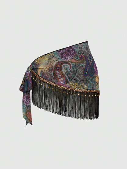 ROMWE Spring/Summer Women's Retro Hippie Western Music Festival Beaded Fringe Hem Drawstring Skirt