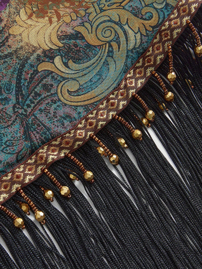 ROMWE Spring/Summer Women's Retro Hippie Western Music Festival Beaded Fringe Hem Drawstring Skirt