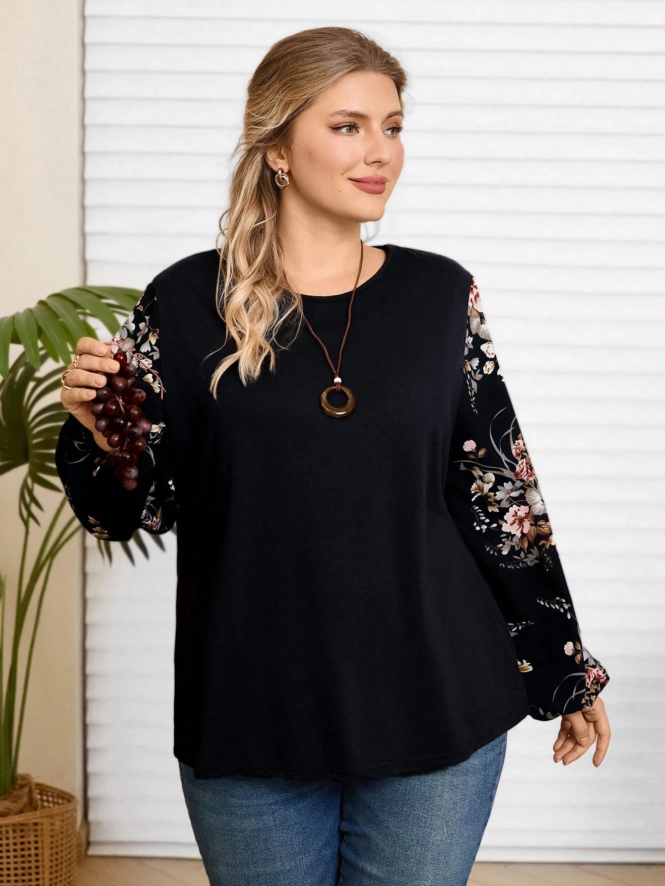 Rosumi Plus Floral Print Lantern Sleeve Top Fall