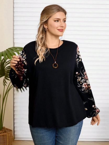 Rosumi Plus Floral Print Lantern Sleeve Top Fall