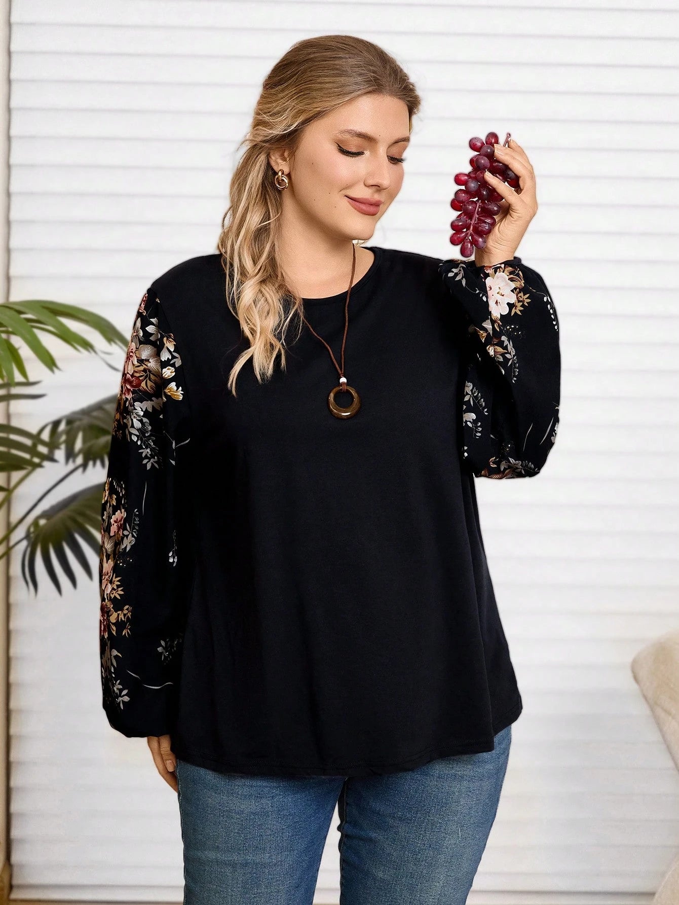 Rosumi Plus Floral Print Lantern Sleeve Top Fall