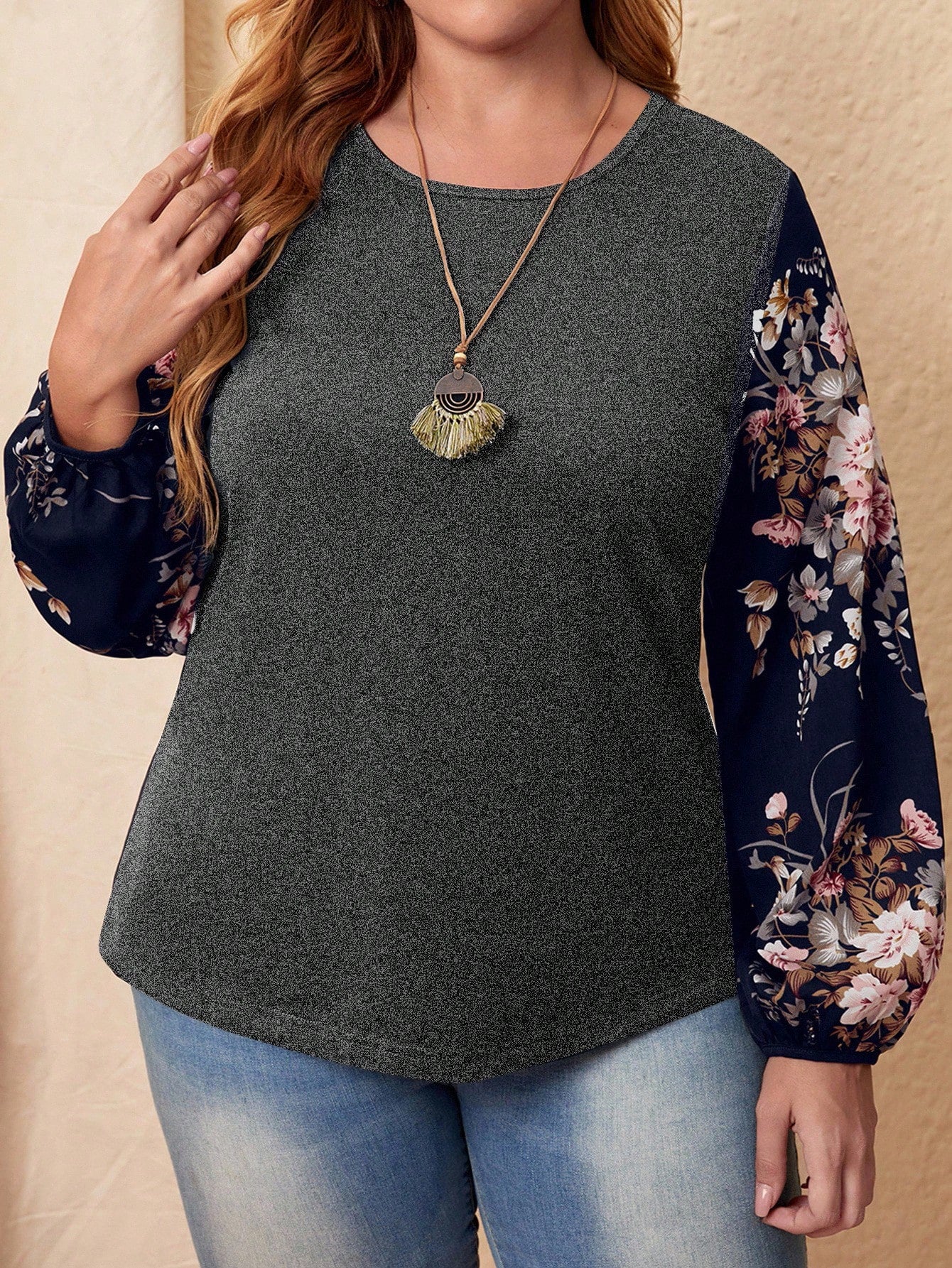 Rosumi Plus Floral Print Lantern Sleeve Top Fall
