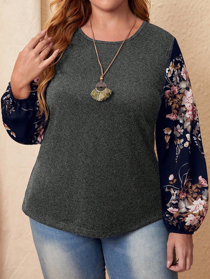 Rosumi Plus Floral Print Lantern Sleeve Top Fall