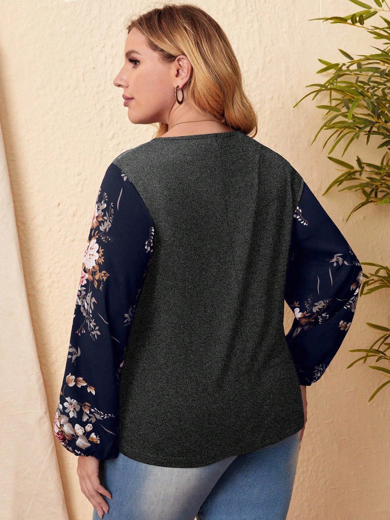 Rosumi Plus Floral Print Lantern Sleeve Top Fall