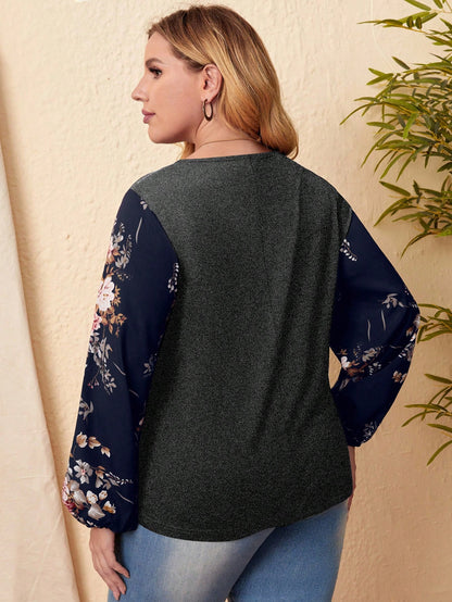 Rosumi Plus Floral Print Lantern Sleeve Top Fall
