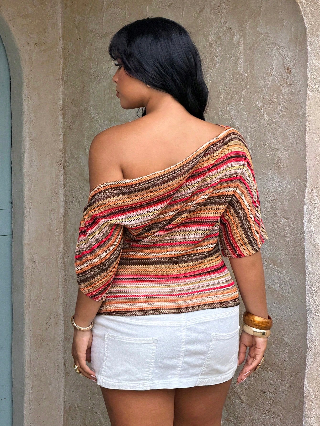 Rustia Plus Size Colorful Striped Knit Sleeveless Top, Elegant Vintage Casual Beach Wear For Women