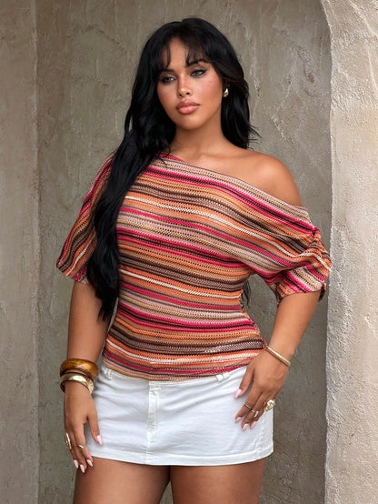 Rustia Plus Size Colorful Striped Knit Sleeveless Top, Elegant Vintage Casual Beach Wear For Women