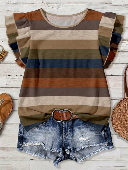 Rusticease Plus Size Women Summer Casual Boho Striped Cap Sleeve Round Neck Blouse, Country Style, Beach Vacation Khaki