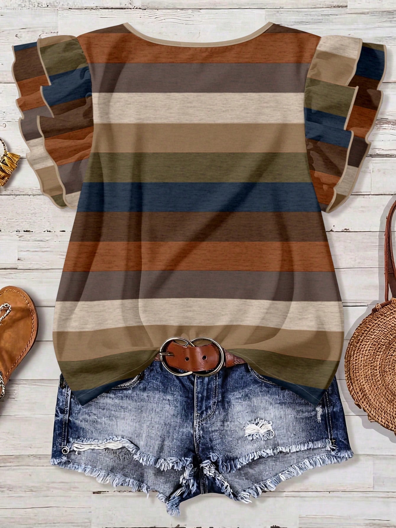 Rusticease Plus Size Women Summer Casual Boho Striped Cap Sleeve Round Neck Blouse, Country Style, Beach Vacation Khaki