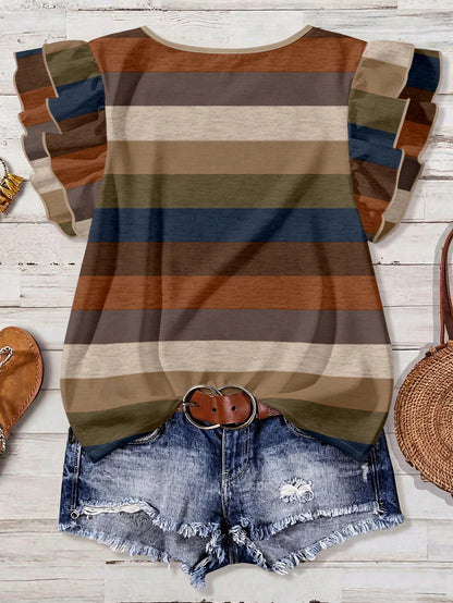Rusticease Plus Size Women Summer Casual Boho Striped Cap Sleeve Round Neck Blouse, Country Style, Beach Vacation Khaki