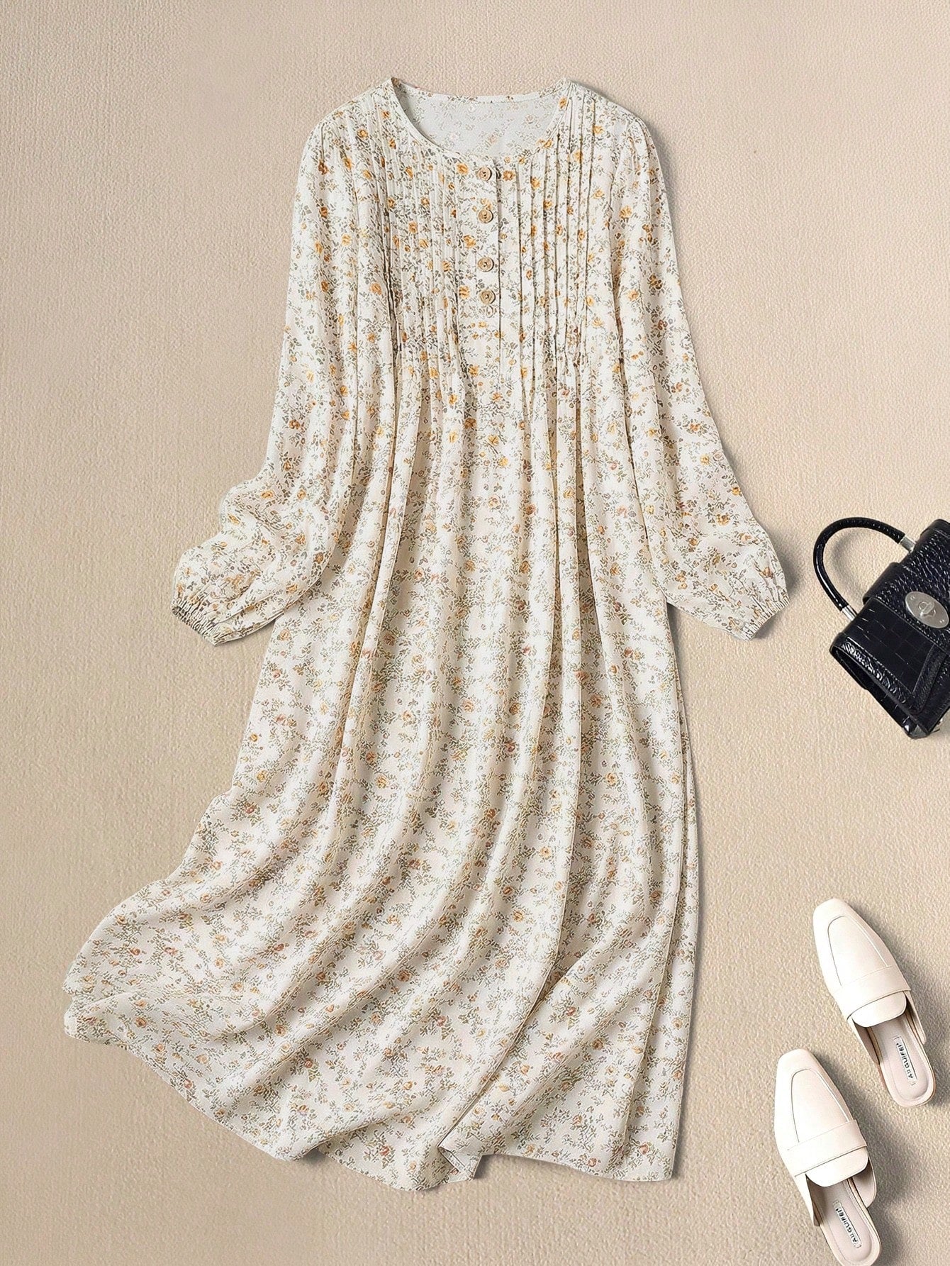 Rusticease Women's Casual Vacation Style Ditsy Floral Lantern Sleeve Pleated Loose Long Dress, Spring/Autumn French Summer Dresses Cottagecore