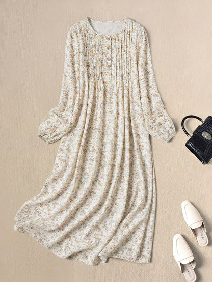 Rusticease Women's Casual Vacation Style Ditsy Floral Lantern Sleeve Pleated Loose Long Dress, Spring/Autumn French Summer Dresses Cottagecore