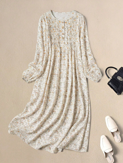 Rusticease Women's Casual Vacation Style Ditsy Floral Lantern Sleeve Pleated Loose Long Dress, Spring/Autumn French Summer Dresses Cottagecore