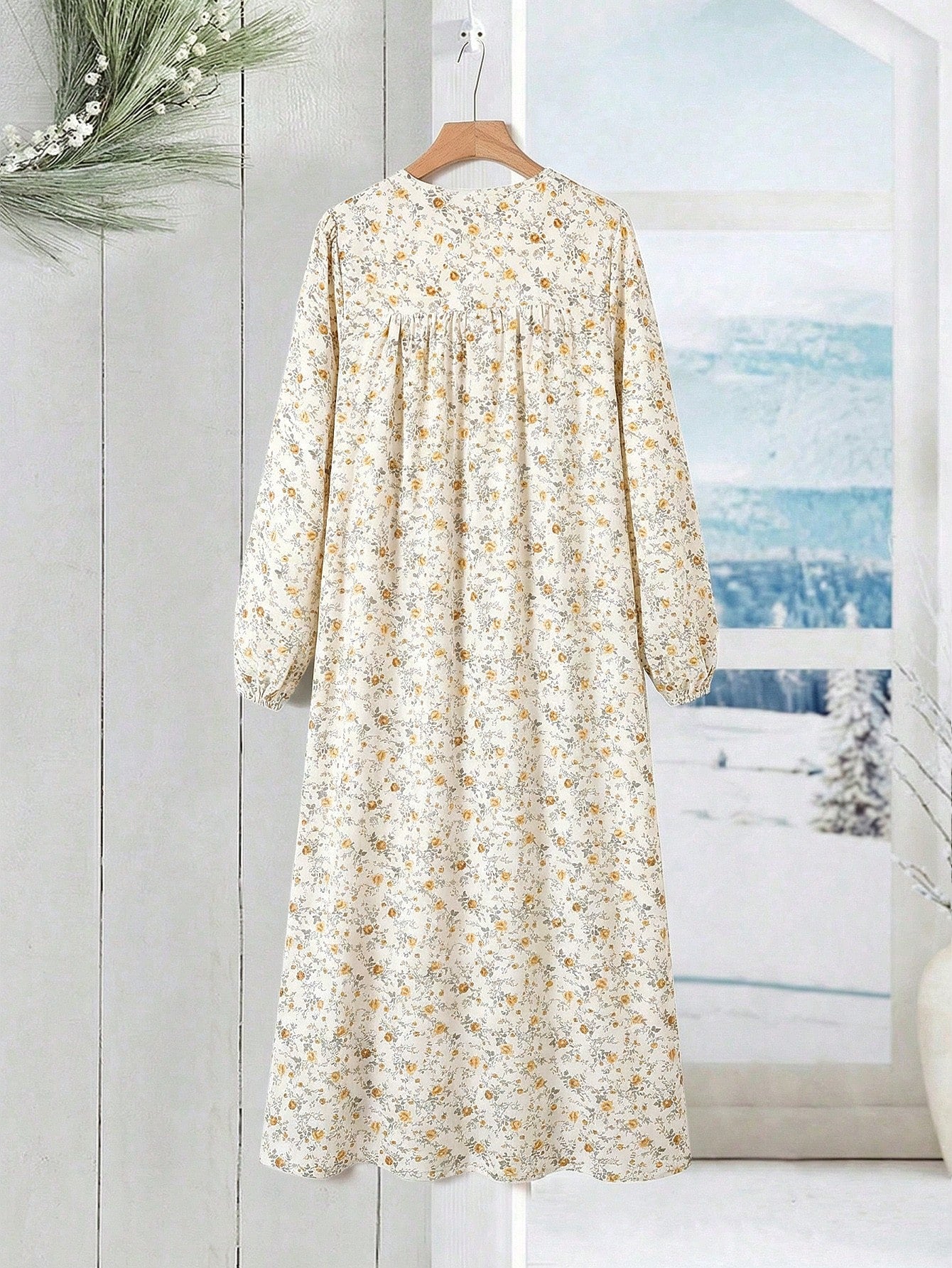 Rusticease Women's Casual Vacation Style Ditsy Floral Lantern Sleeve Pleated Loose Long Dress, Spring/Autumn French Summer Dresses Cottagecore