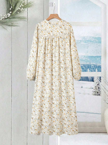Rusticease Women's Casual Vacation Style Ditsy Floral Lantern Sleeve Pleated Loose Long Dress, Spring/Autumn French Summer Dresses Cottagecore