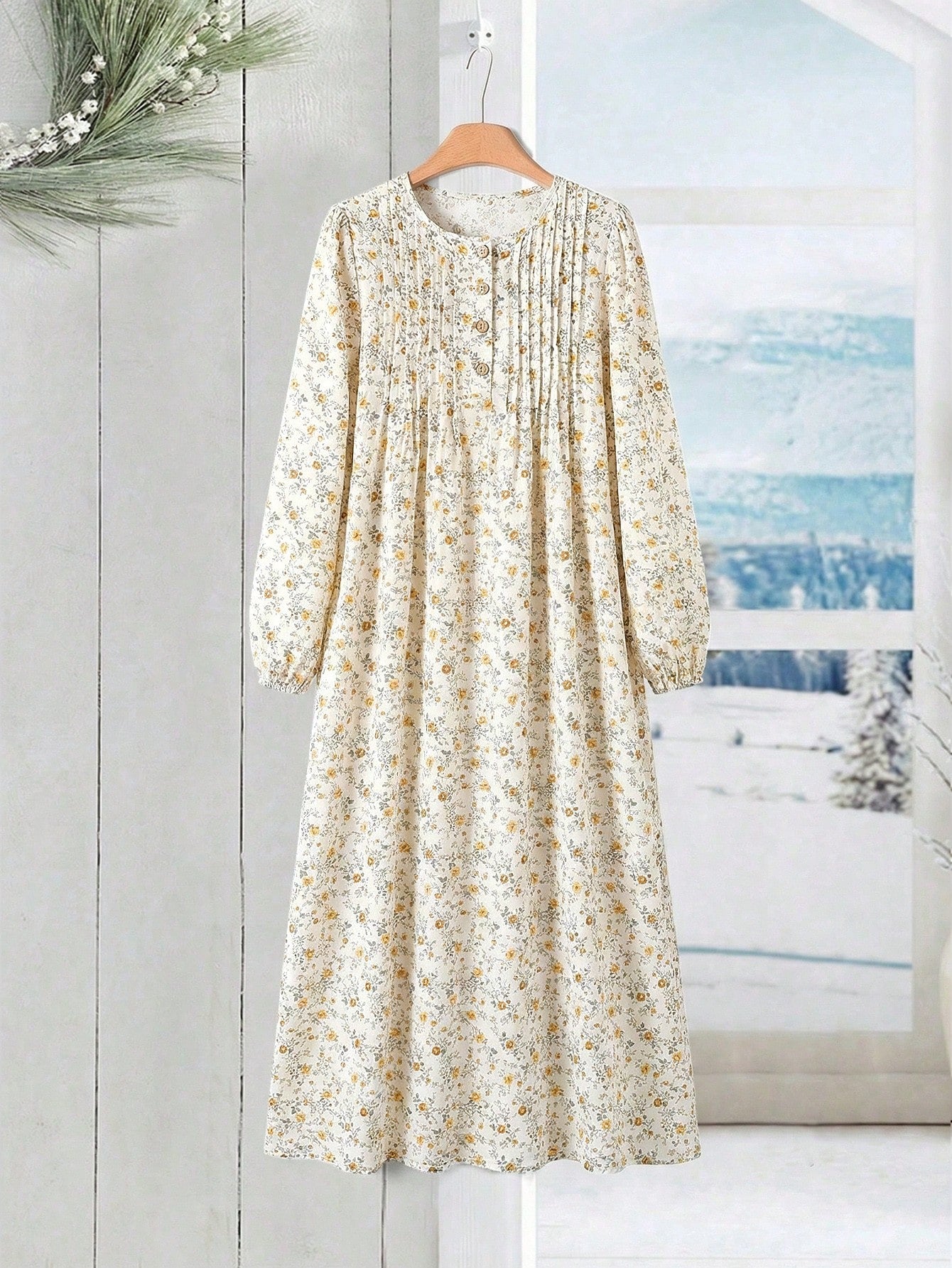 Rusticease Women's Casual Vacation Style Ditsy Floral Lantern Sleeve Pleated Loose Long Dress, Spring/Autumn French Summer Dresses Cottagecore
