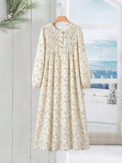 Rusticease Women's Casual Vacation Style Ditsy Floral Lantern Sleeve Pleated Loose Long Dress, Spring/Autumn French Summer Dresses Cottagecore