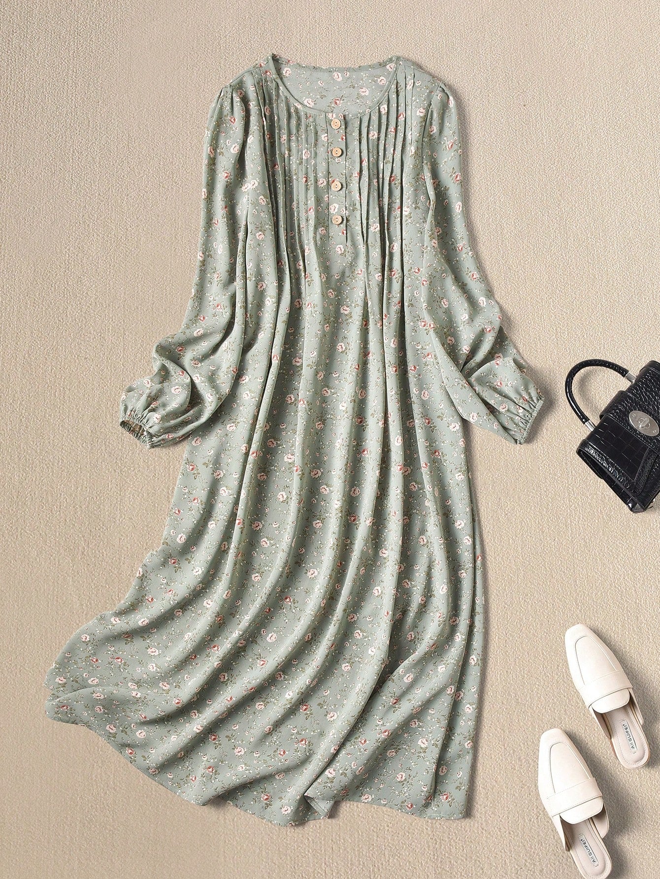 Rusticease Women's Casual Vacation Style Ditsy Floral Lantern Sleeve Pleated Loose Long Dress, Spring/Autumn French Summer Dresses Cottagecore