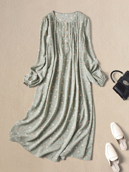 Rusticease Women's Casual Vacation Style Ditsy Floral Lantern Sleeve Pleated Loose Long Dress, Spring/Autumn French Summer Dresses Cottagecore