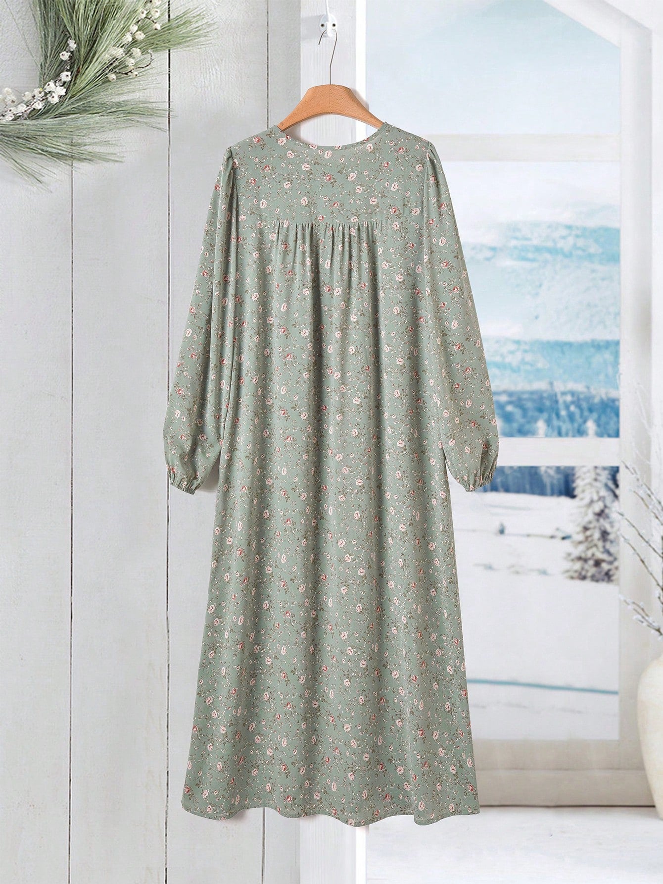 Rusticease Women's Casual Vacation Style Ditsy Floral Lantern Sleeve Pleated Loose Long Dress, Spring/Autumn French Summer Dresses Cottagecore