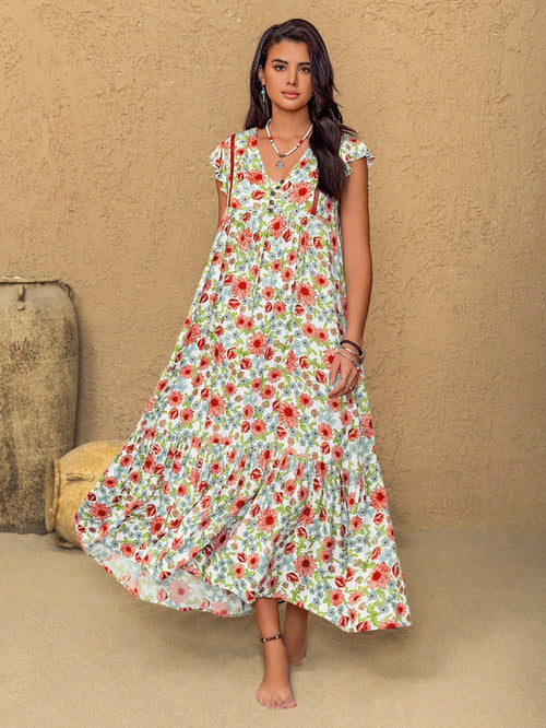 Rusttydustty Music Festival Party Pink V-Neck Ruffle Sleeve Vacation Dress, Bohemian Ditsy Floral Dress, Suitable For Autumn/Winter White