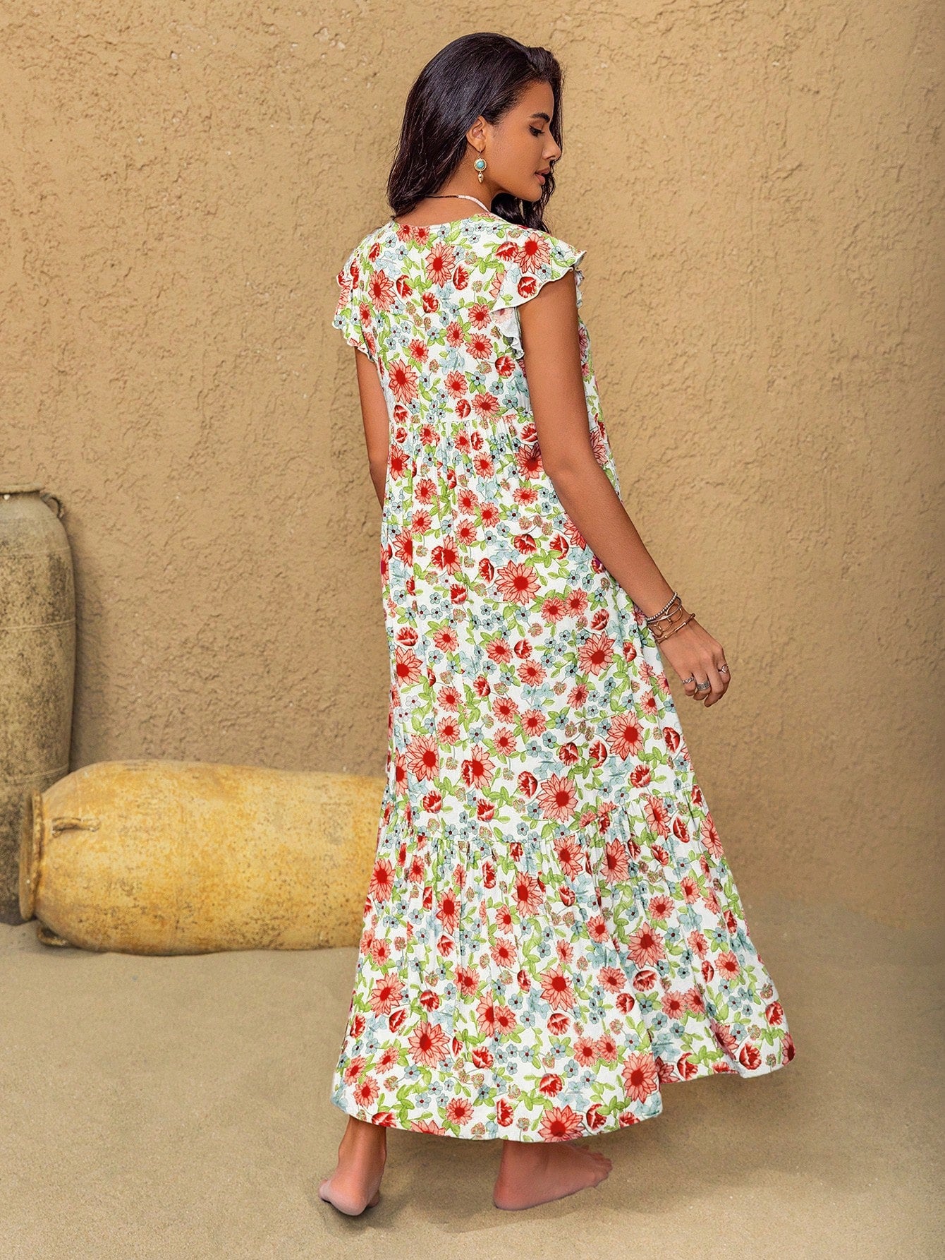 Rusttydustty Music Festival Party Pink V-Neck Ruffle Sleeve Vacation Dress, Bohemian Ditsy Floral Dress, Suitable For Autumn/Winter White