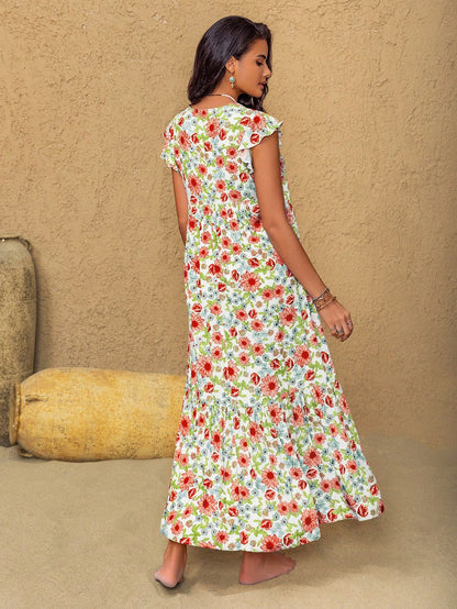 Rusttydustty Music Festival Party Pink V-Neck Ruffle Sleeve Vacation Dress, Bohemian Ditsy Floral Dress, Suitable For Autumn/Winter White