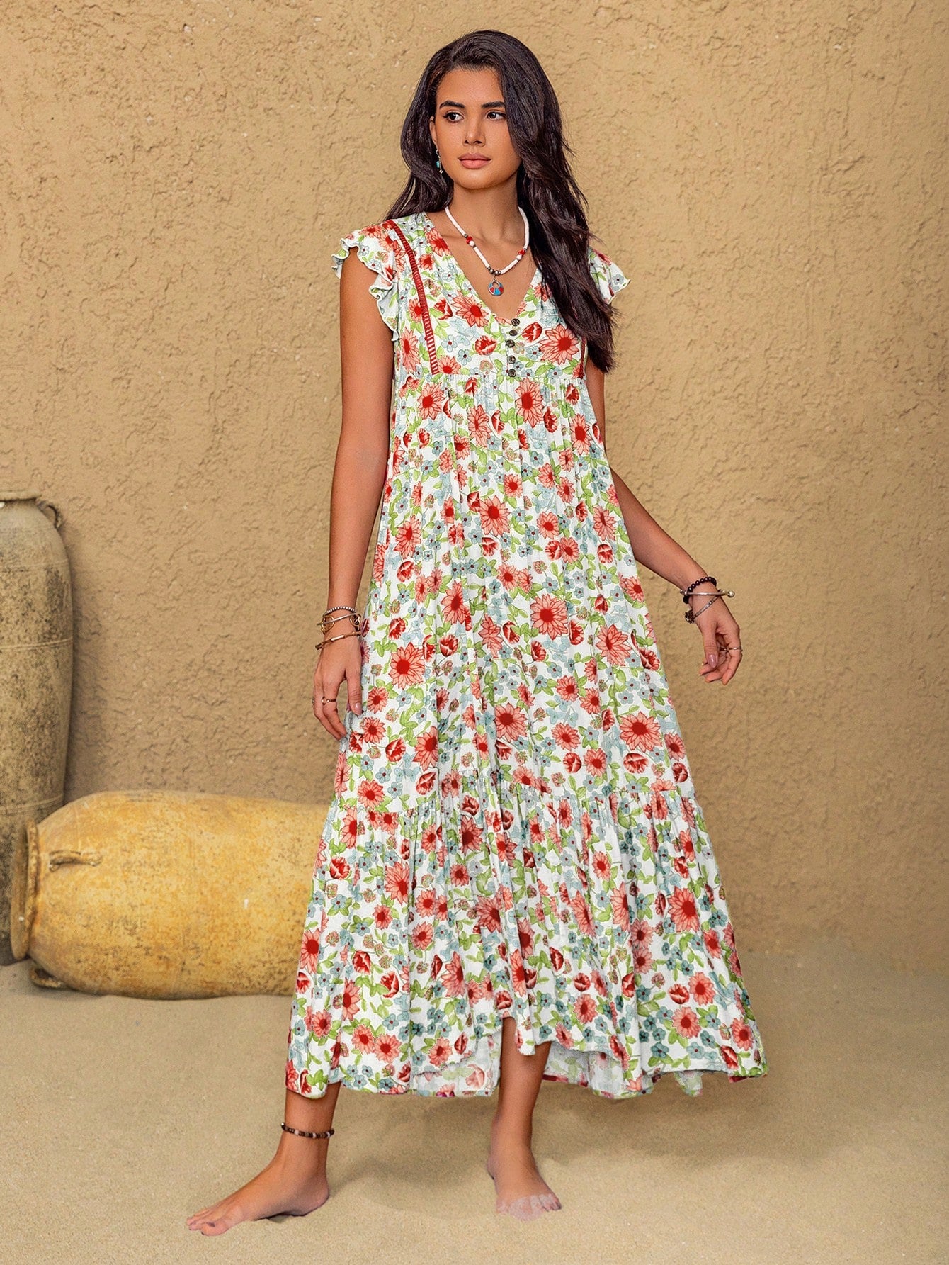 Rusttydustty Music Festival Party Pink V-Neck Ruffle Sleeve Vacation Dress, Bohemian Ditsy Floral Dress, Suitable For Autumn/Winter White