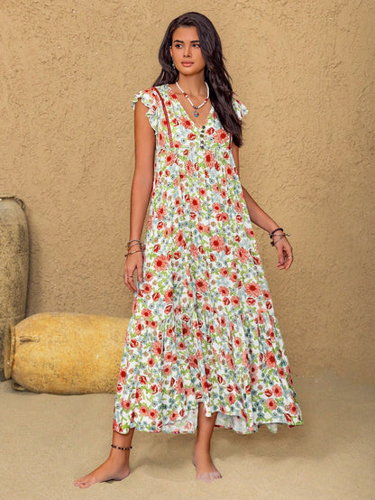Rusttydustty Music Festival Party Pink V-Neck Ruffle Sleeve Vacation Dress, Bohemian Ditsy Floral Dress, Suitable For Autumn/Winter White