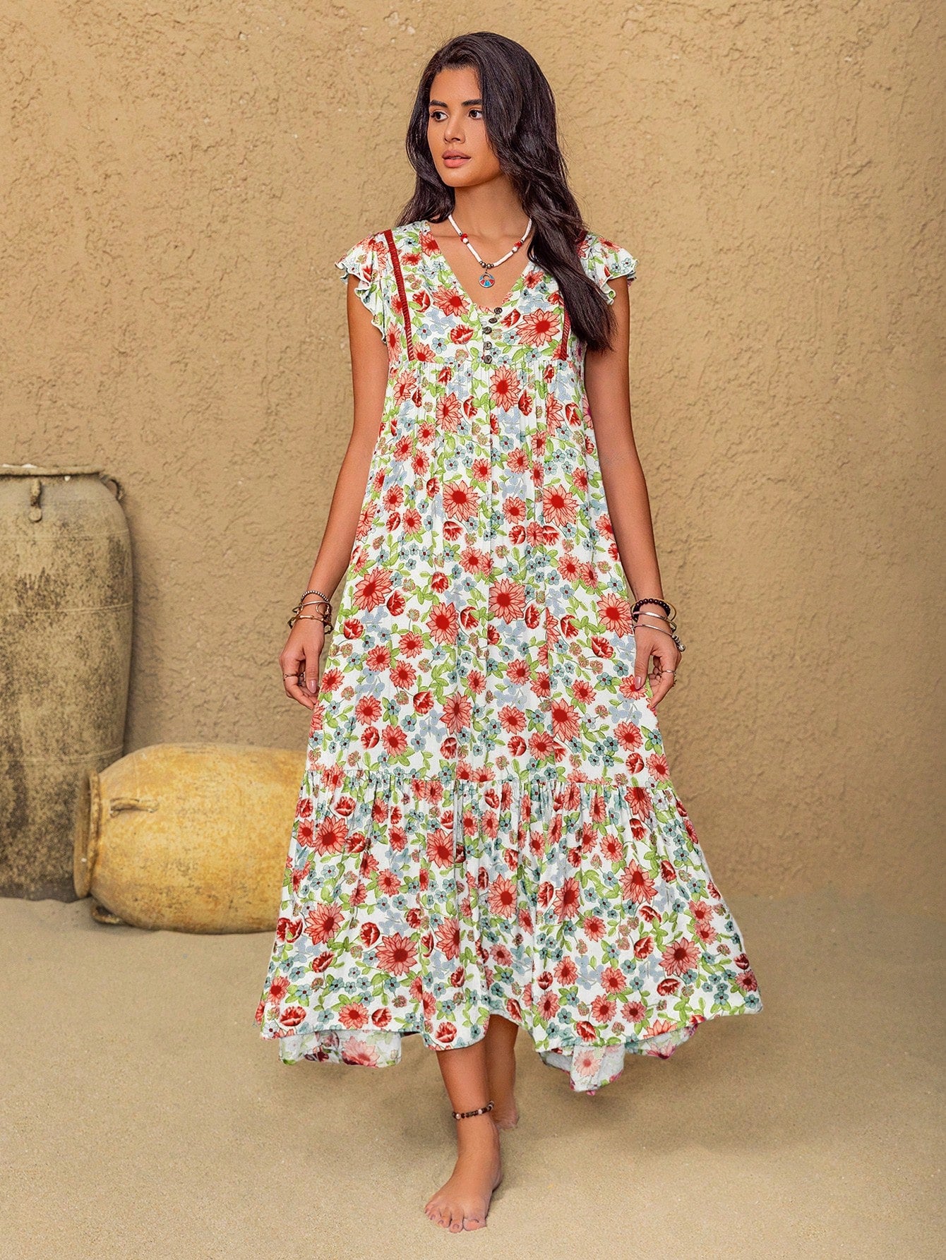 Rusttydustty Music Festival Party Pink V-Neck Ruffle Sleeve Vacation Dress, Bohemian Ditsy Floral Dress, Suitable For Autumn/Winter White