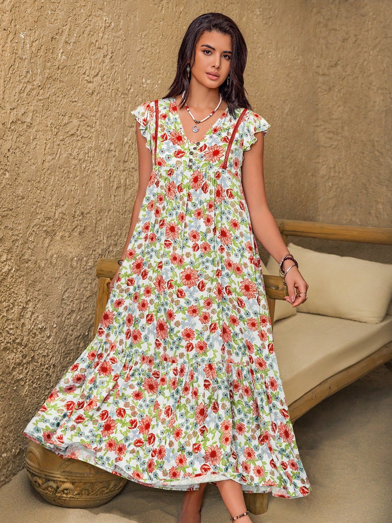 Rusttydustty Music Festival Party Pink V-Neck Ruffle Sleeve Vacation Dress, Bohemian Ditsy Floral Dress, Suitable For Autumn/Winter White