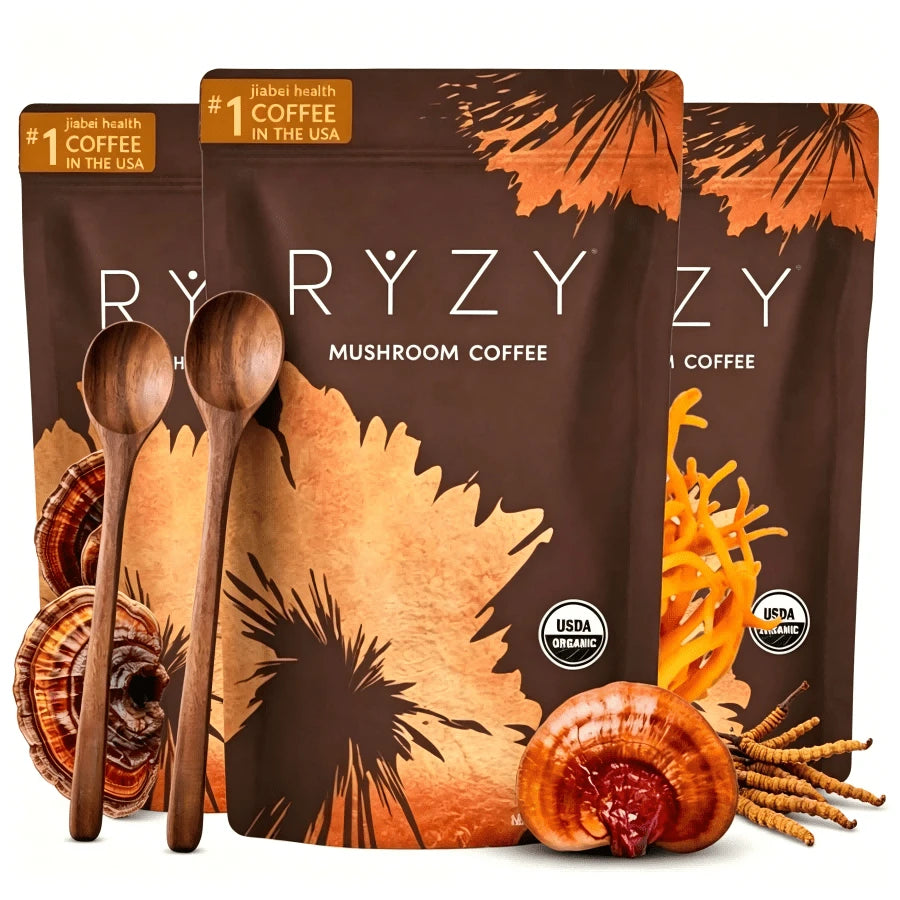 RY-ZY Organic Mushroom Coffee (30 Servings)| 6 Adaptogens + MCT Oil, Lion's Mane For Focus – USA Instant – Fuel Energy, Support Digestion & Immunity!