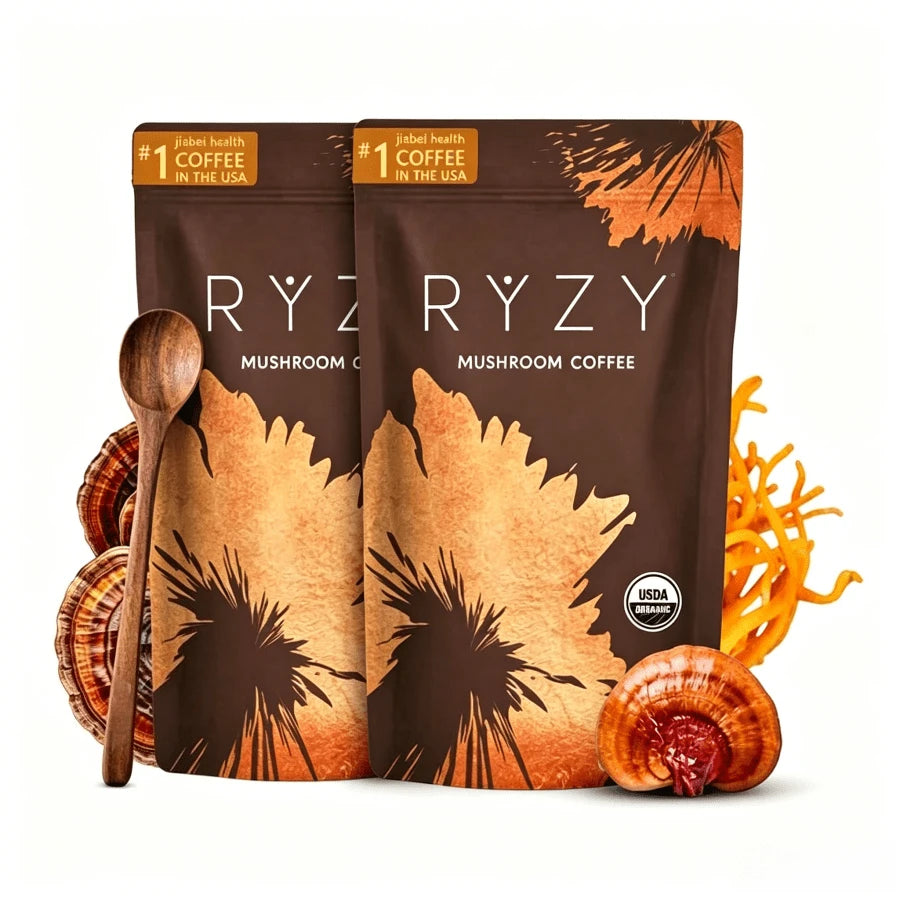 RY-ZY Organic Mushroom Coffee (30 Servings)| 6 Adaptogens + MCT Oil, Lion's Mane For Focus – USA Instant – Fuel Energy, Support Digestion & Immunity!