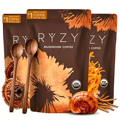 RY-ZY Organic Mushroom Coffee (30 Servings)| 6 Adaptogens + MCT Oil, Lion's Mane For Focus – USA Instant – Fuel Energy, Support Digestion & Immunity!