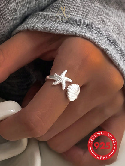 S925 Sterling Silver Starfish & Seashell Open Ring, Ocean Style Design, Lightweight Luxury Versatile Women's Silver Jewelry, Daily Commute Summer Limited Gift, Starfish & Seashell Bring Fresh Summer V