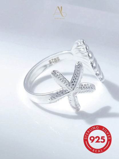 S925 Sterling Silver Starfish & Seashell Open Ring, Ocean Style Design, Lightweight Luxury Versatile Women's Silver Jewelry, Daily Commute Summer Limited Gift, Starfish & Seashell Bring Fresh Summer V