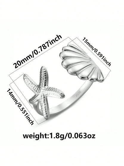 S925 Sterling Silver Starfish & Seashell Open Ring, Ocean Style Design, Lightweight Luxury Versatile Women's Silver Jewelry, Daily Commute Summer Limited Gift, Starfish & Seashell Bring Fresh Summer V