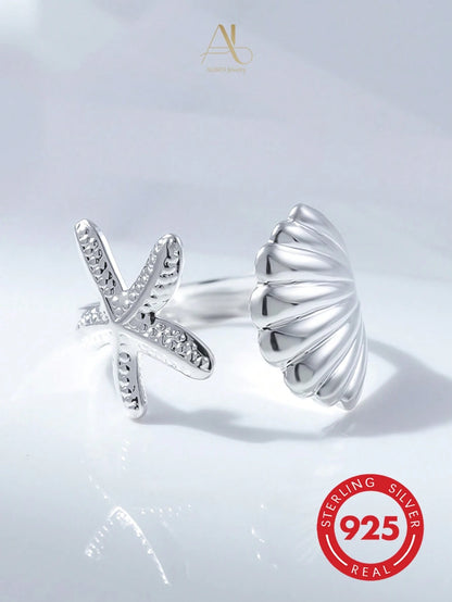 S925 Sterling Silver Starfish & Seashell Open Ring, Ocean Style Design, Lightweight Luxury Versatile Women's Silver Jewelry, Daily Commute Summer Limited Gift, Starfish & Seashell Bring Fresh Summer V