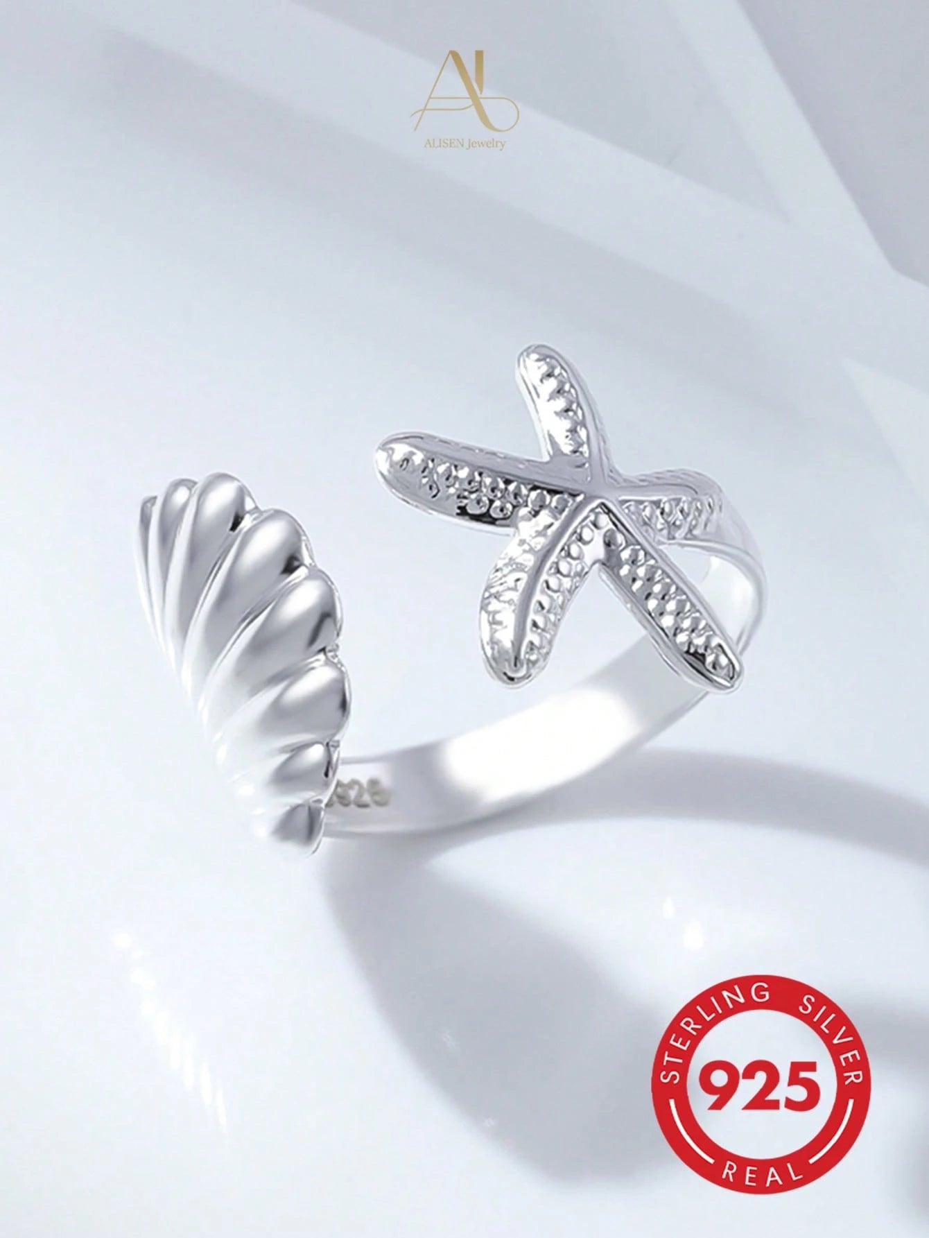 S925 Sterling Silver Starfish & Seashell Open Ring, Ocean Style Design, Lightweight Luxury Versatile Women's Silver Jewelry, Daily Commute Summer Limited Gift, Starfish & Seashell Bring Fresh Summer V