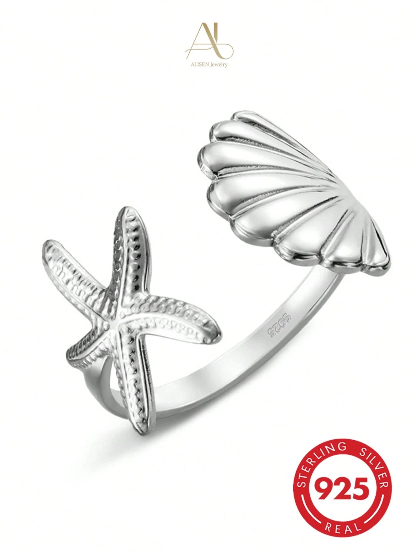 S925 Sterling Silver Starfish & Seashell Open Ring, Ocean Style Design, Lightweight Luxury Versatile Women's Silver Jewelry, Daily Commute Summer Limited Gift, Starfish & Seashell Bring Fresh Summer V